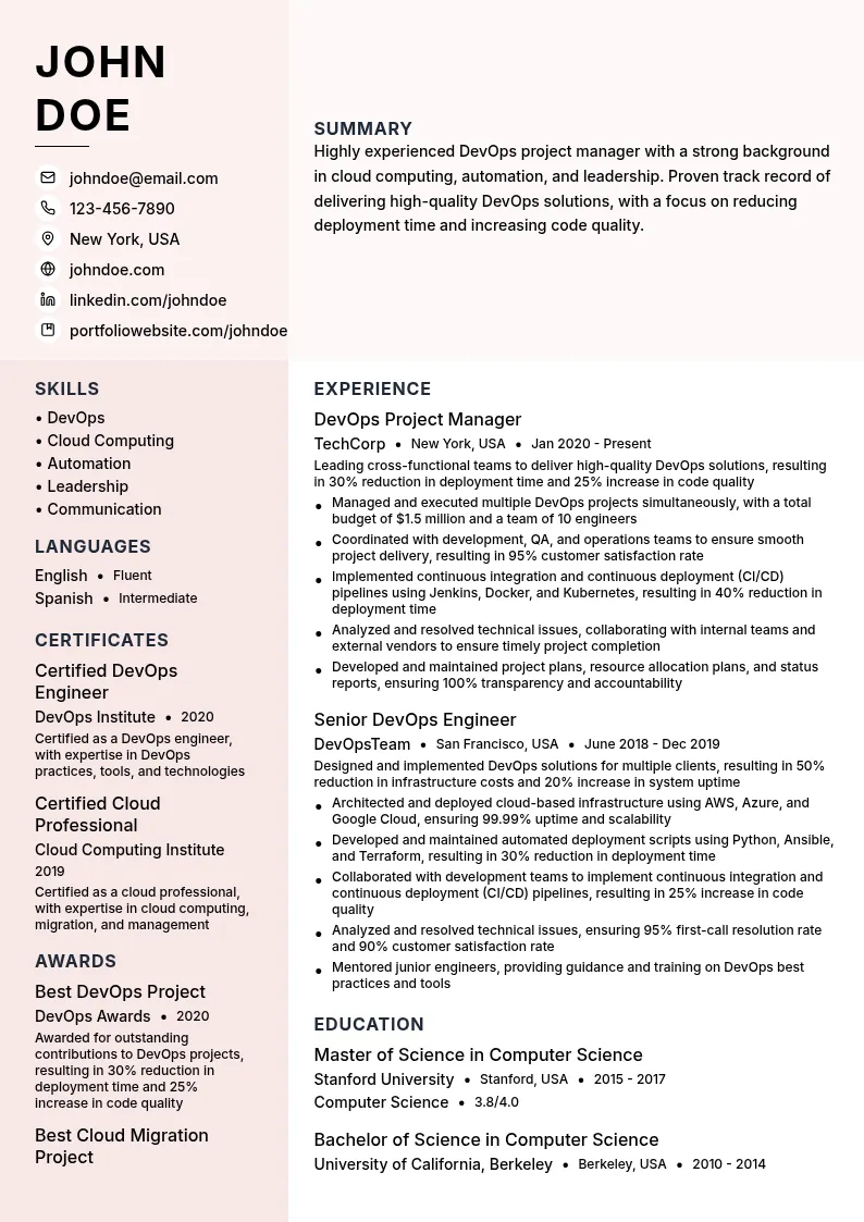 DevOps Project Manager resume example