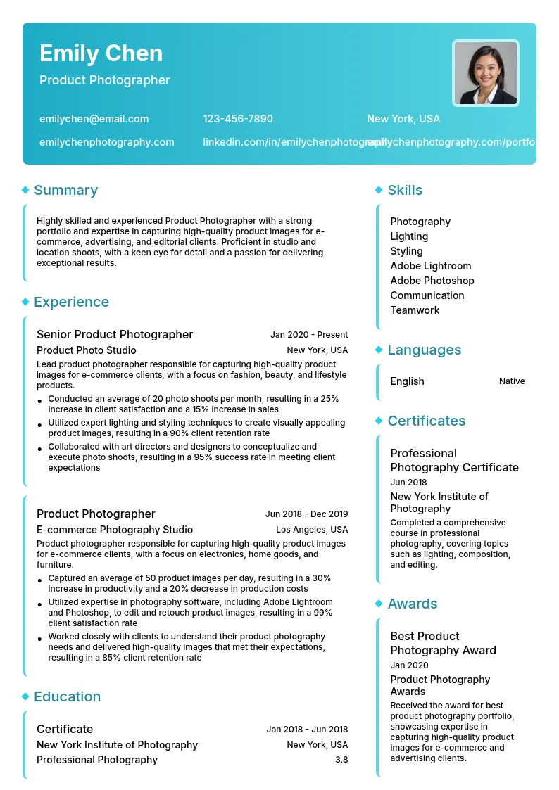 Product Photographer resume example