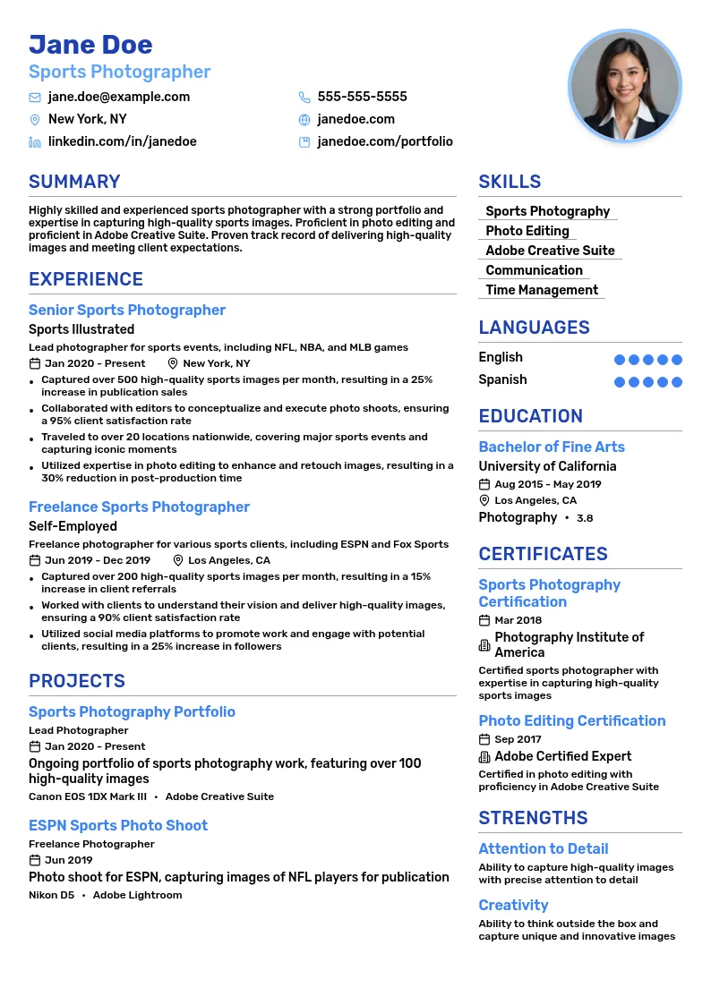 Sports Photographer resume example