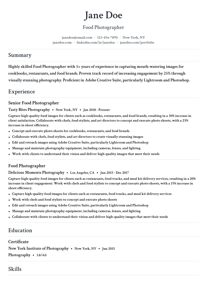 Food Photographer resume example