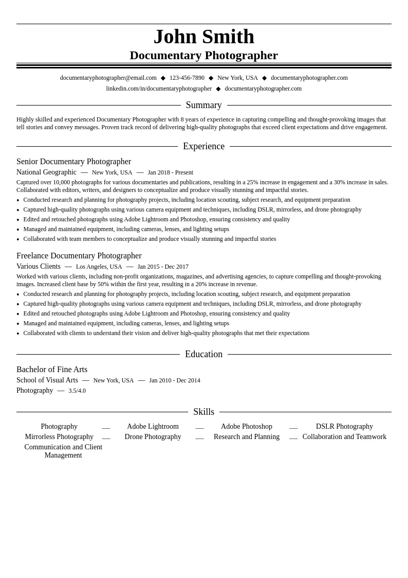 Documentary Photographer resume example