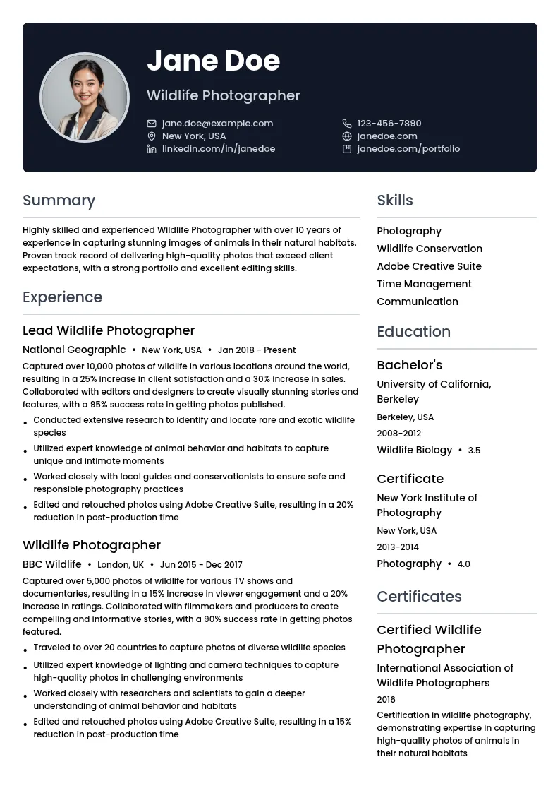 Wildlife Photographer resume example