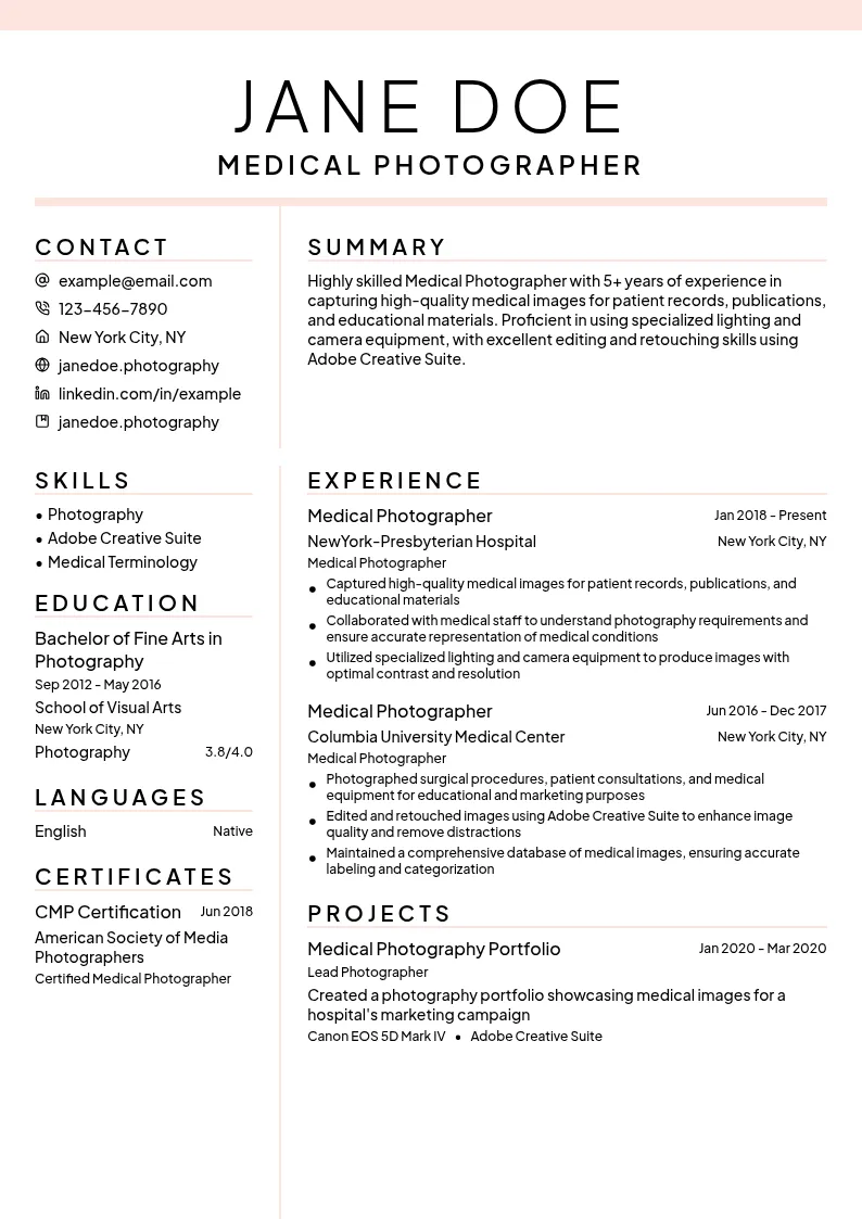 Medical Photographer resume example