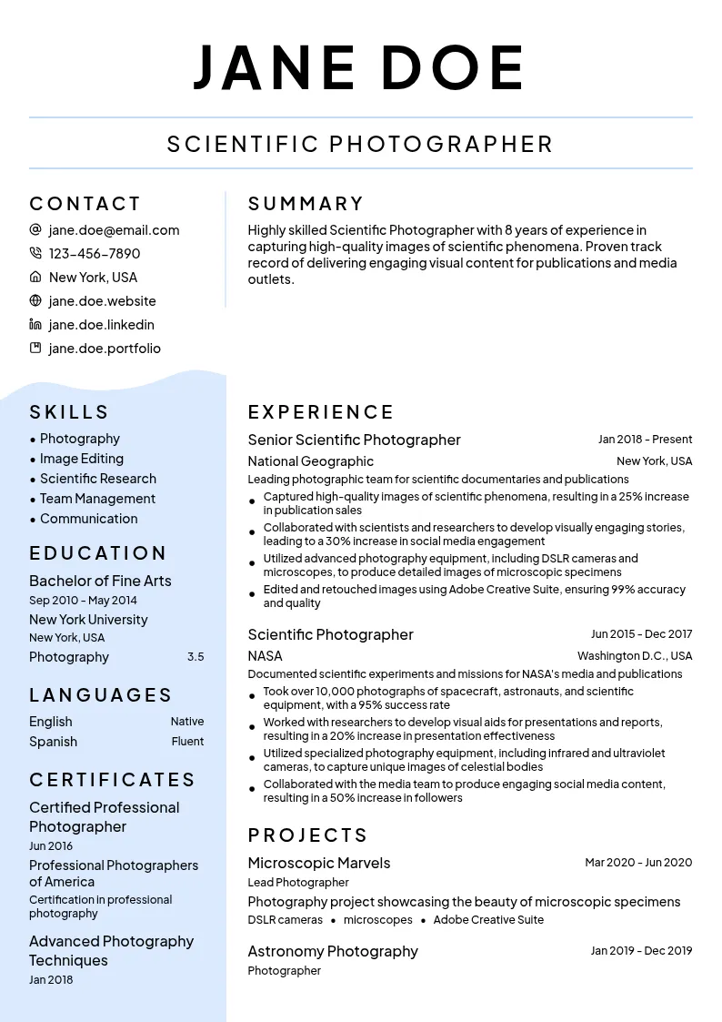 Scientific Photographer resume example
