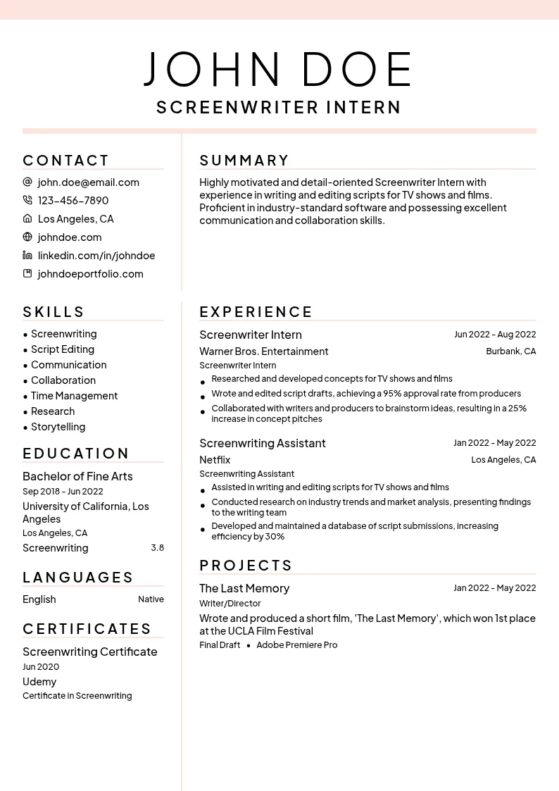 Screenwriter Intern resume example