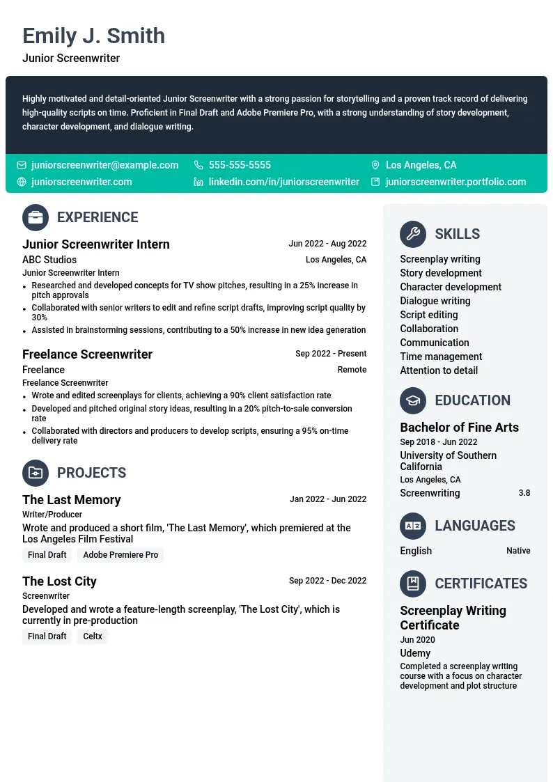 Junior Screenwriter resume example