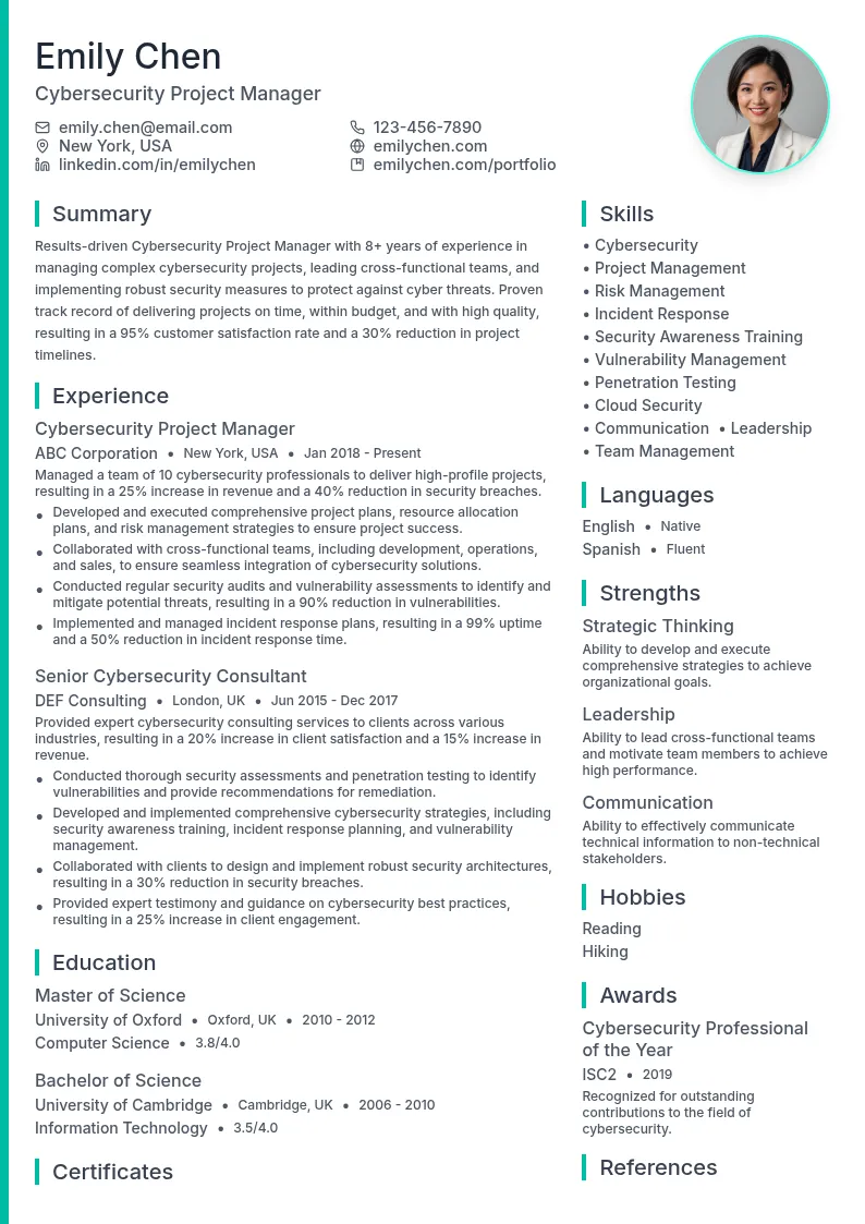 Cybersecurity Project Manager resume example