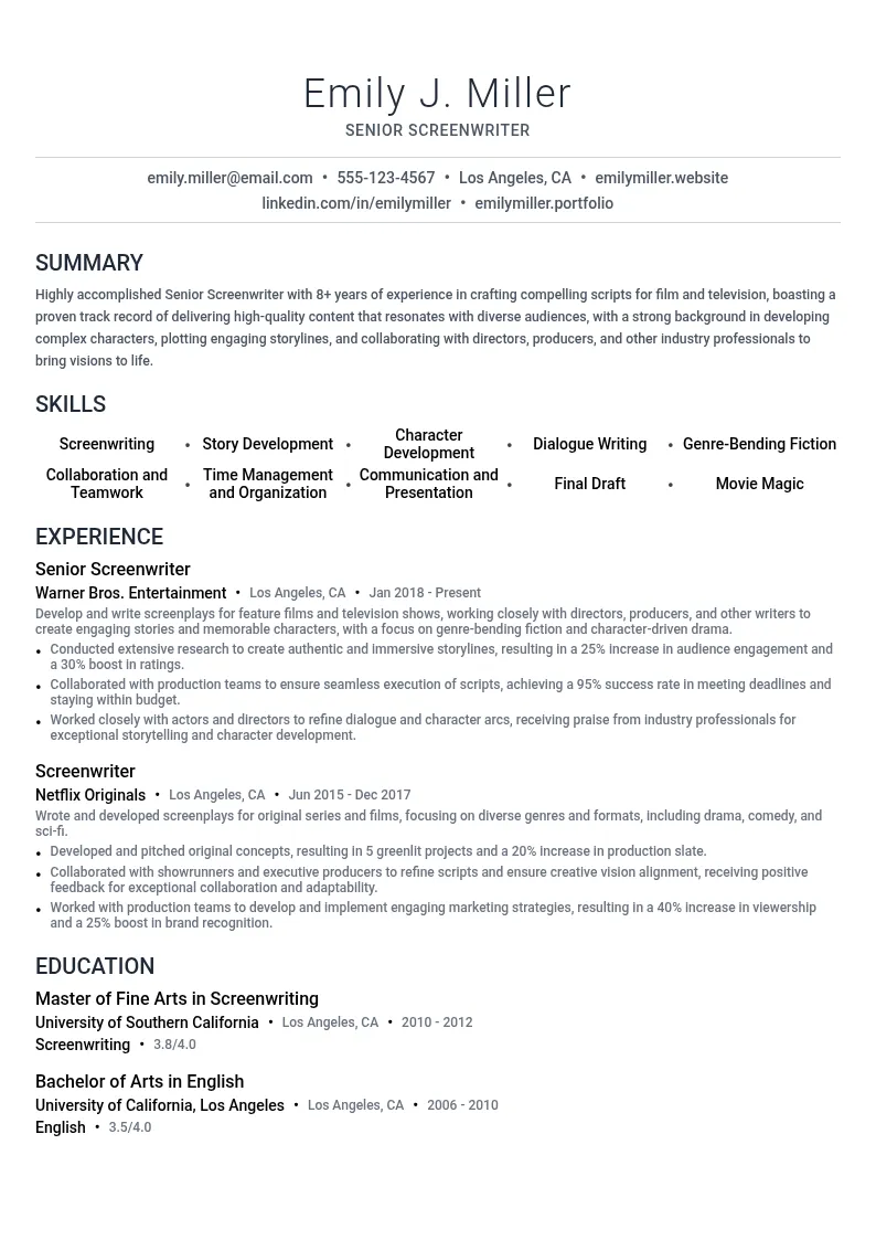 Senior Screenwriter resume example