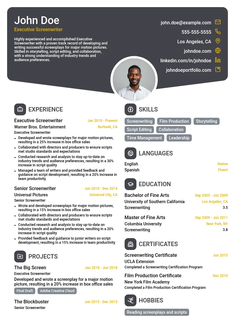 Executive Screenwriter resume example