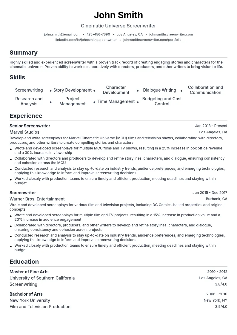 Cinematic Universe Screenwriter resume example