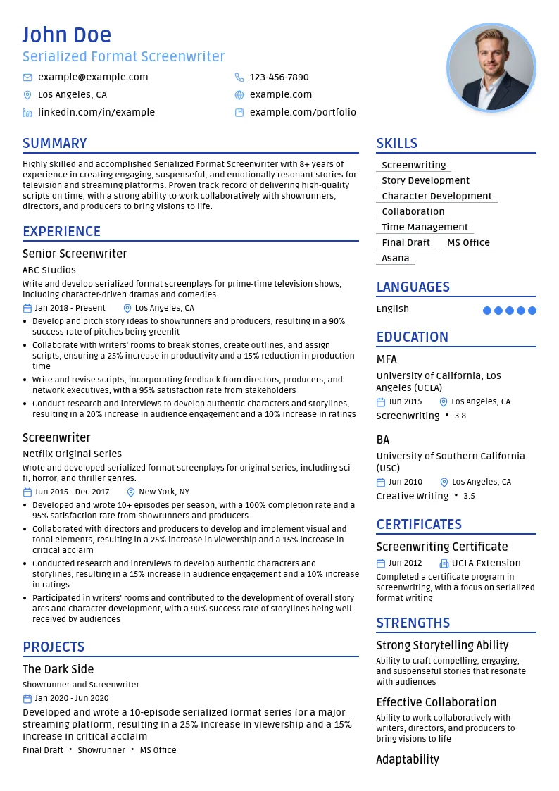 Serialized Format Screenwriter resume example