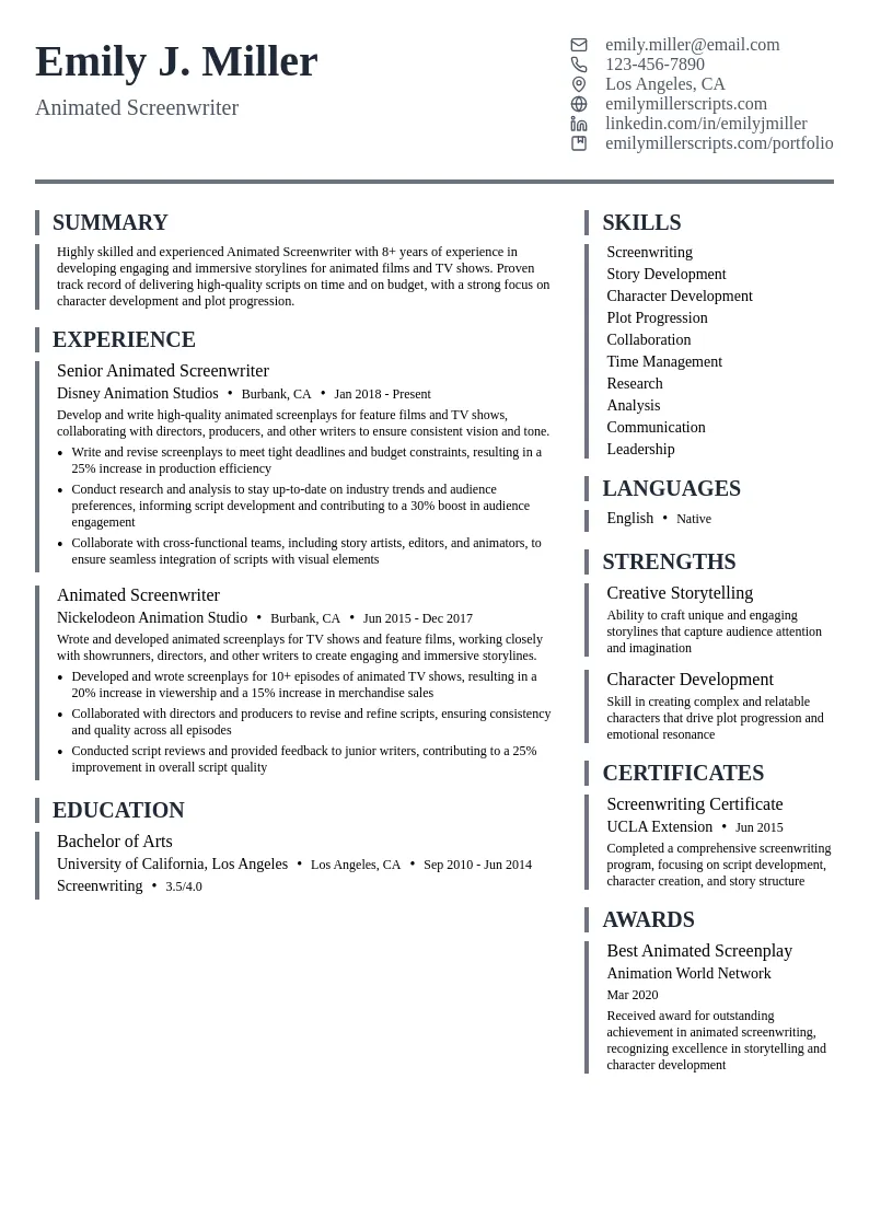 Animated Screenwriter resume example