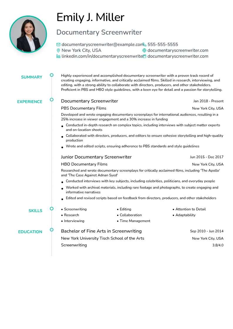 Documentary Screenwriter resume example