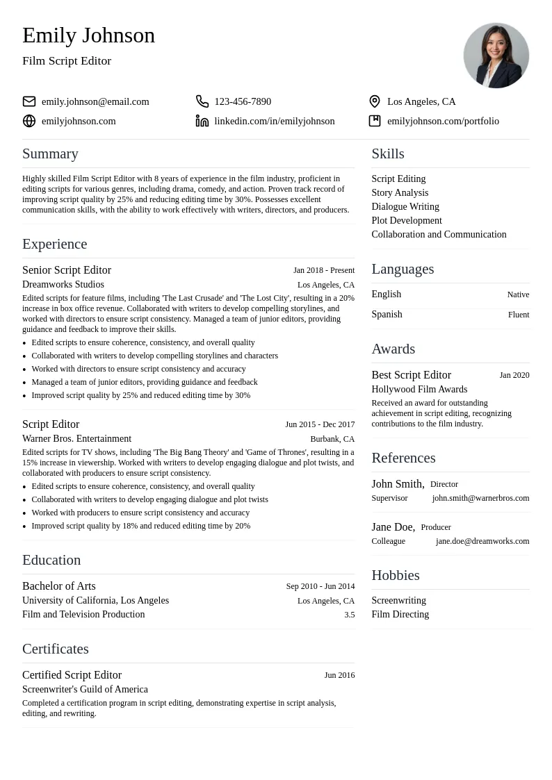 Film Script Editor resume example