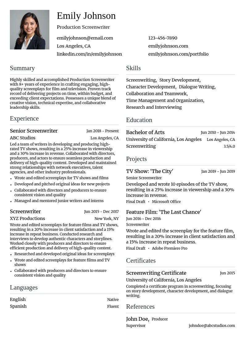 Production Screenwriter resume example