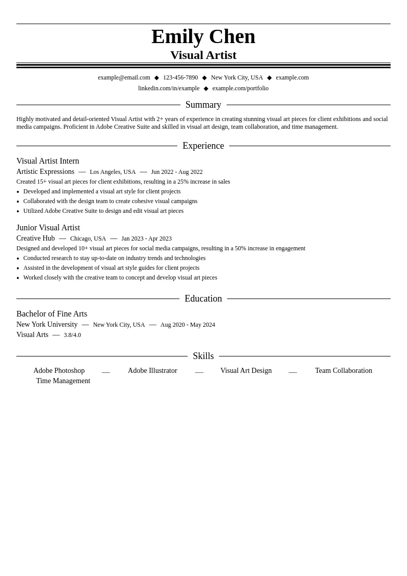 Visual Artist Intern resume example