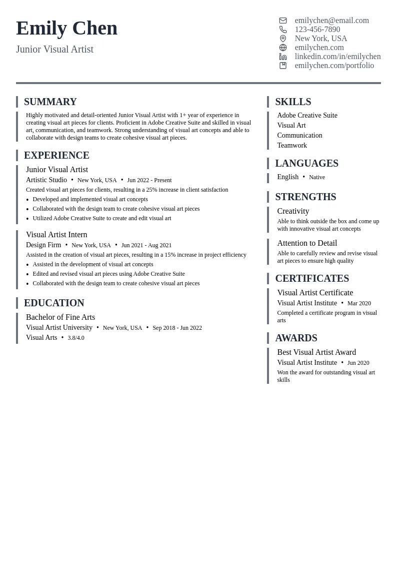 Junior Visual Artist resume example