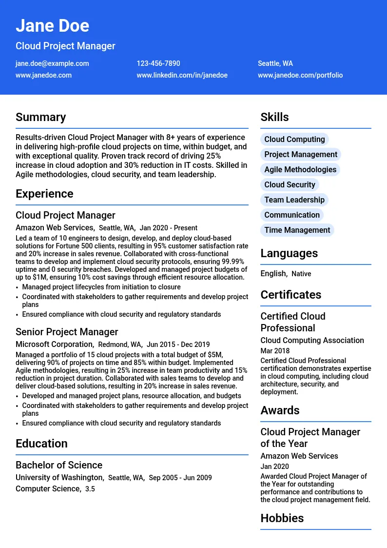 Cloud Project Manager resume example