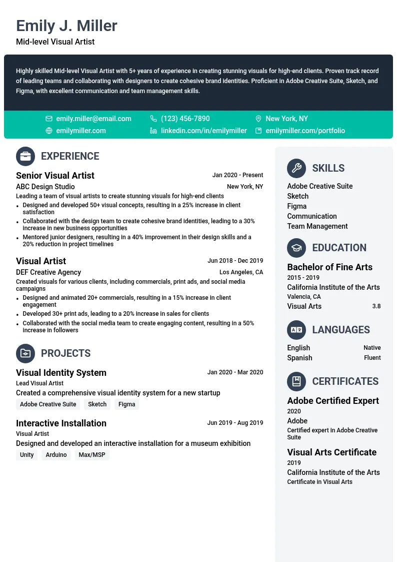 Mid-level Visual Artist resume example