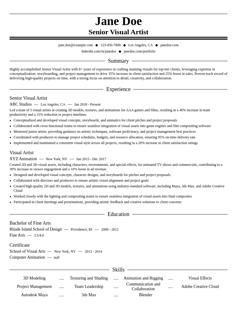 Senior Visual Artist resume example