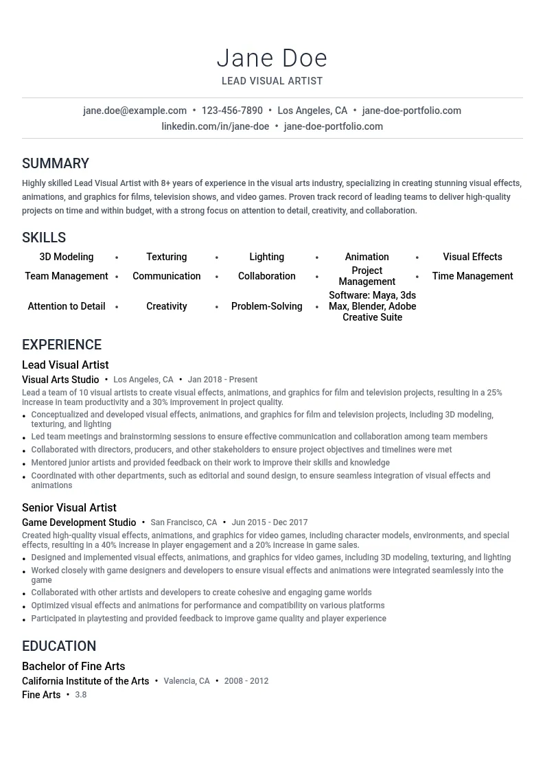 Lead Visual Artist resume example