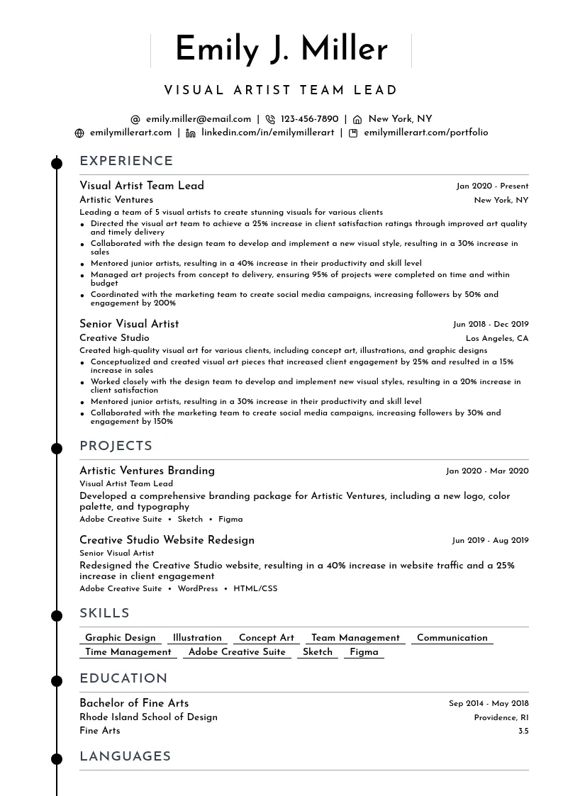 Visual Artist Team Lead resume example