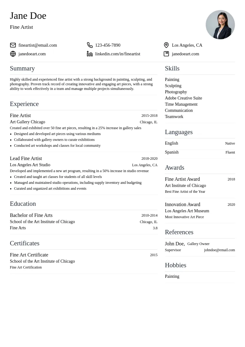 Fine Artist resume example