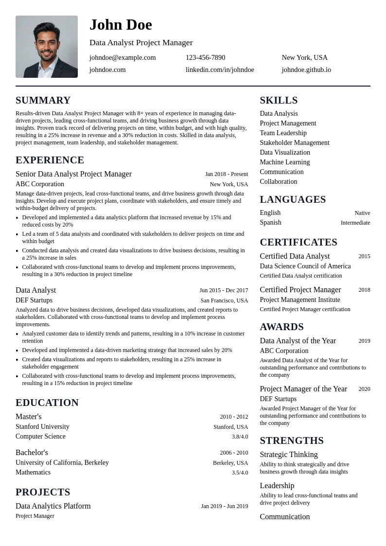 Data Analyst Project Manager resume example