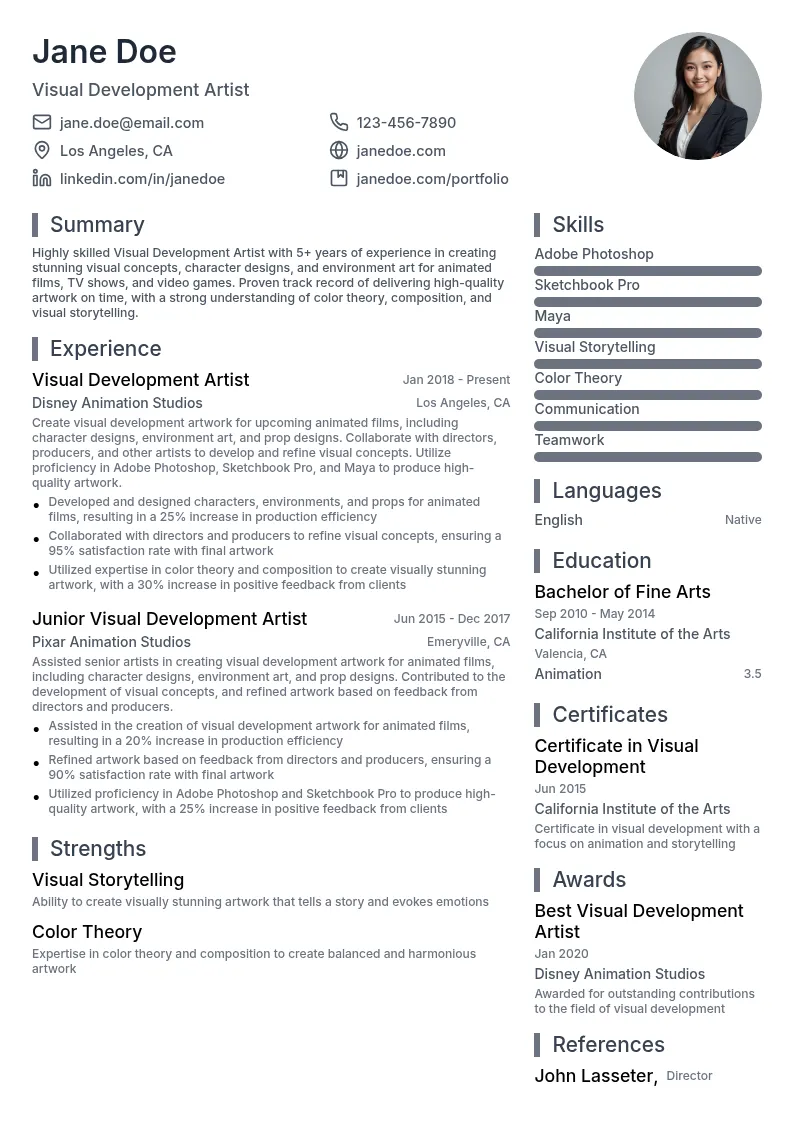 Visual Development Artist resume example