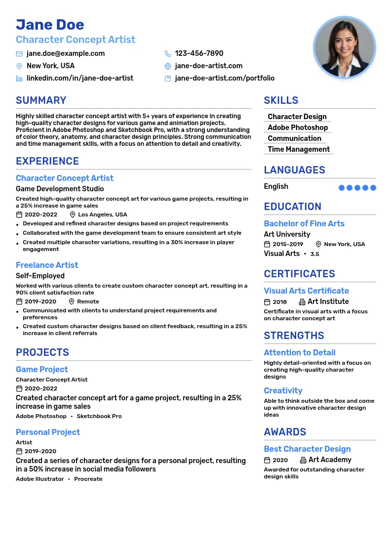 Character Concept Artist resume example