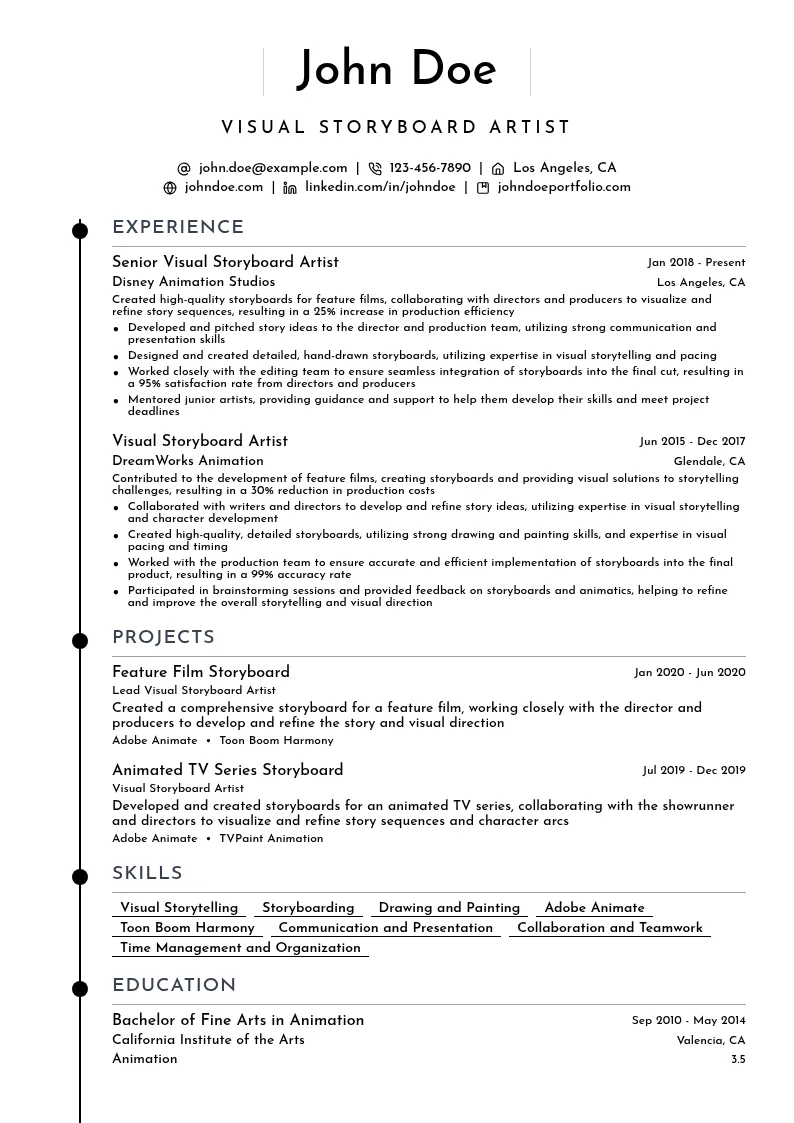 Visual Storyboard Artist resume example