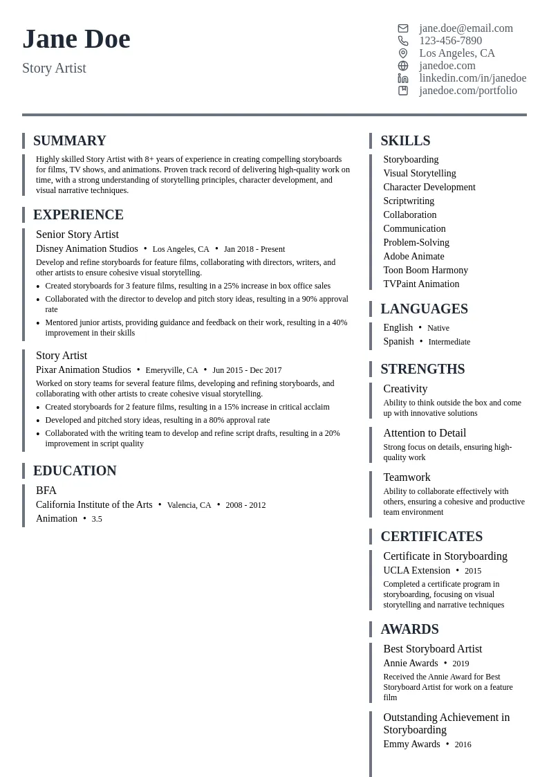 Story Artist resume example