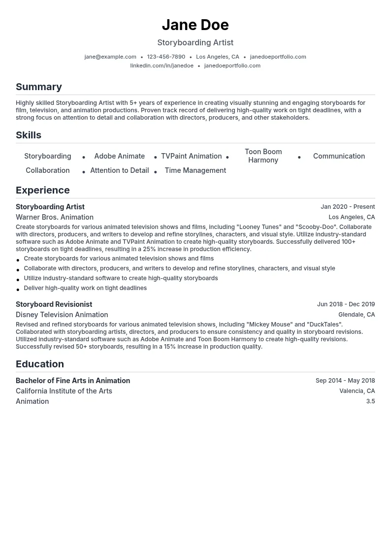 Storyboarding Artist resume example