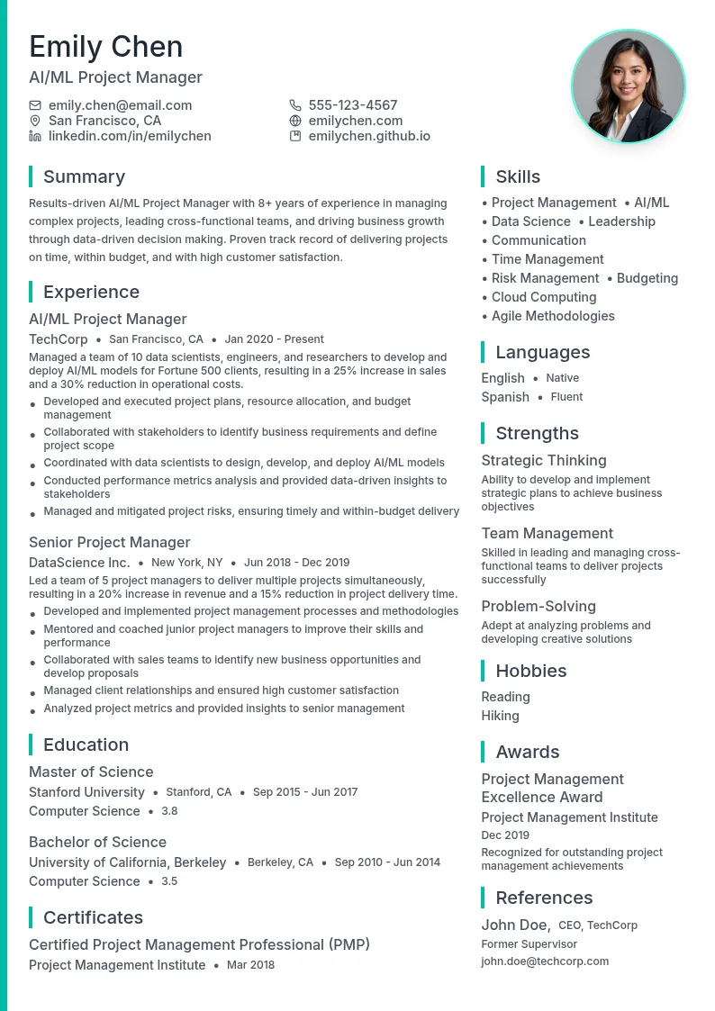 AI/ML Project Manager resume example