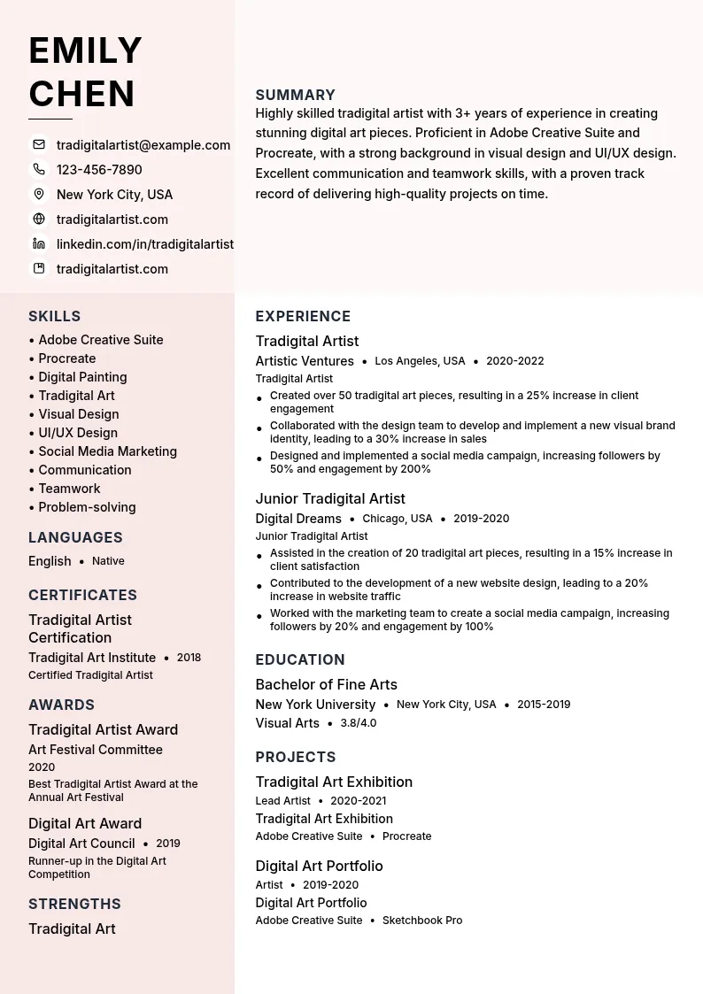 Tradigital Artist resume example