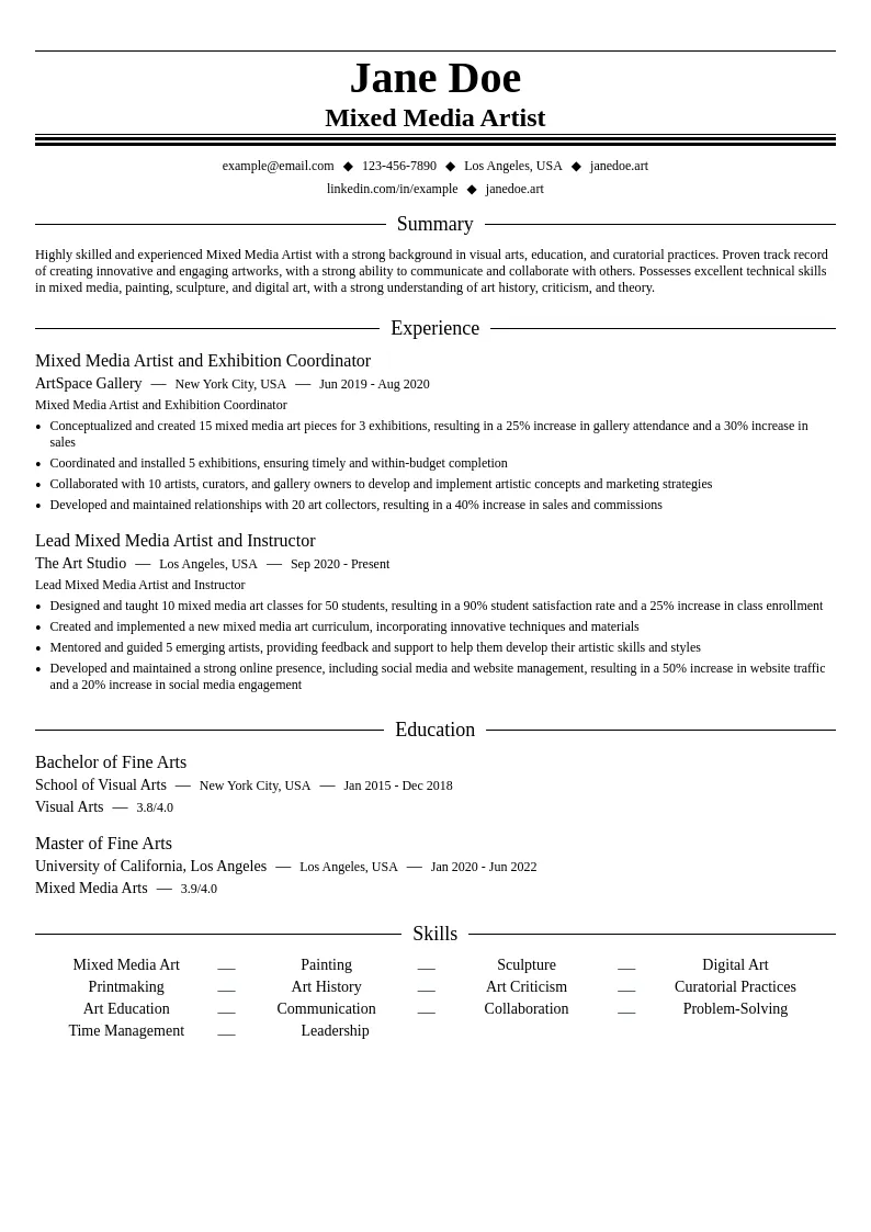 Mixed Media Artist resume example
