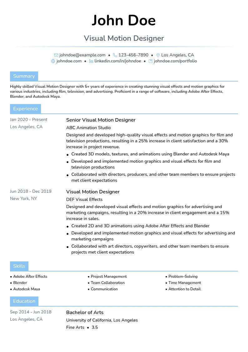 Visual Motion Designer resume example