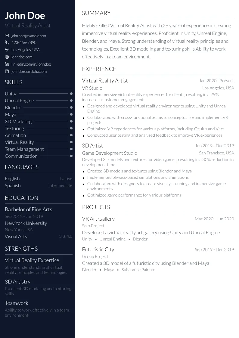 Virtual Reality Artist resume example