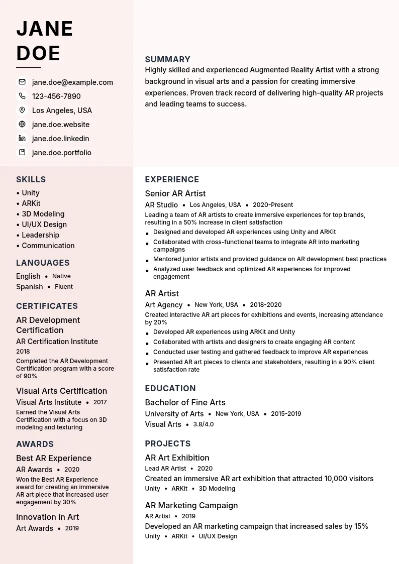 Augmented Reality Artist resume example