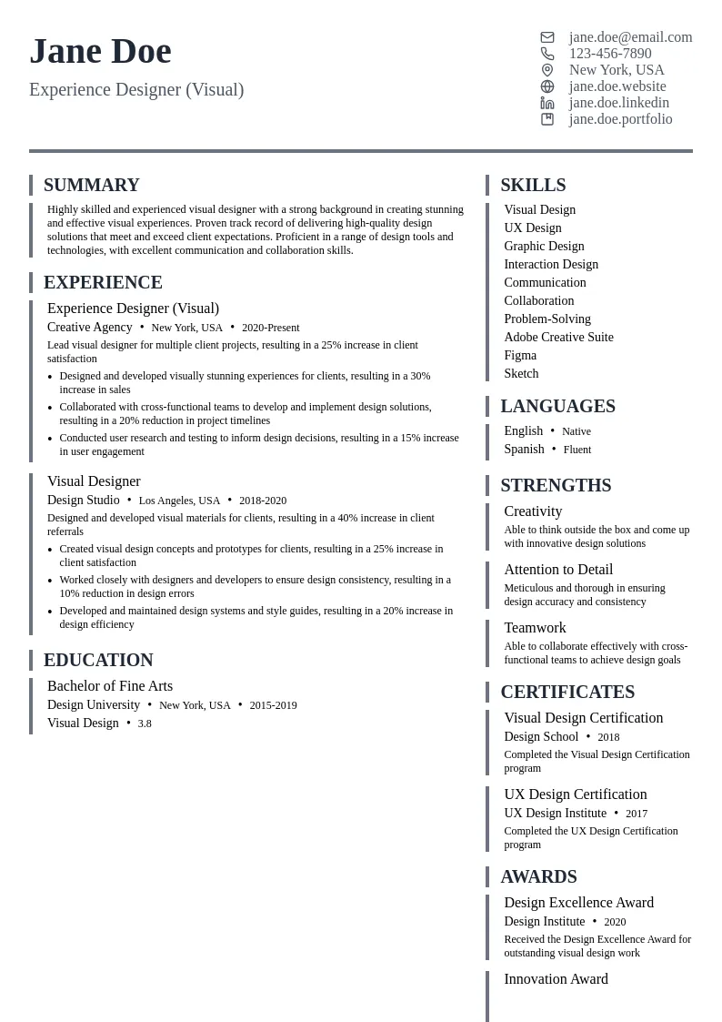 Experience Designer (Visual) resume example