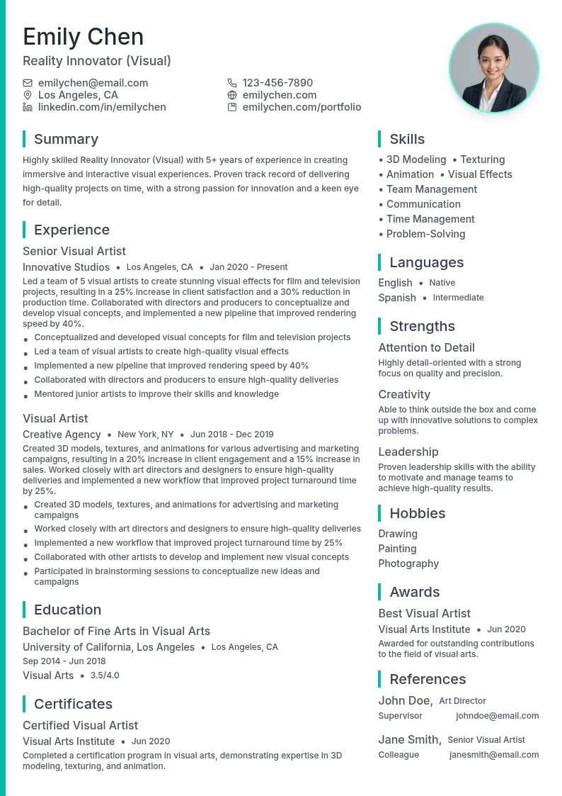 Reality Innovator (Visual) resume example