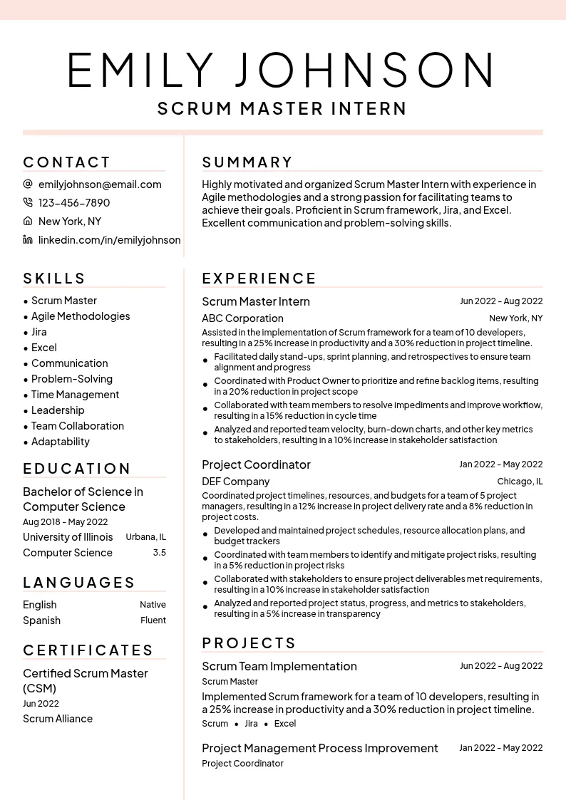 Scrum Master Intern resume example