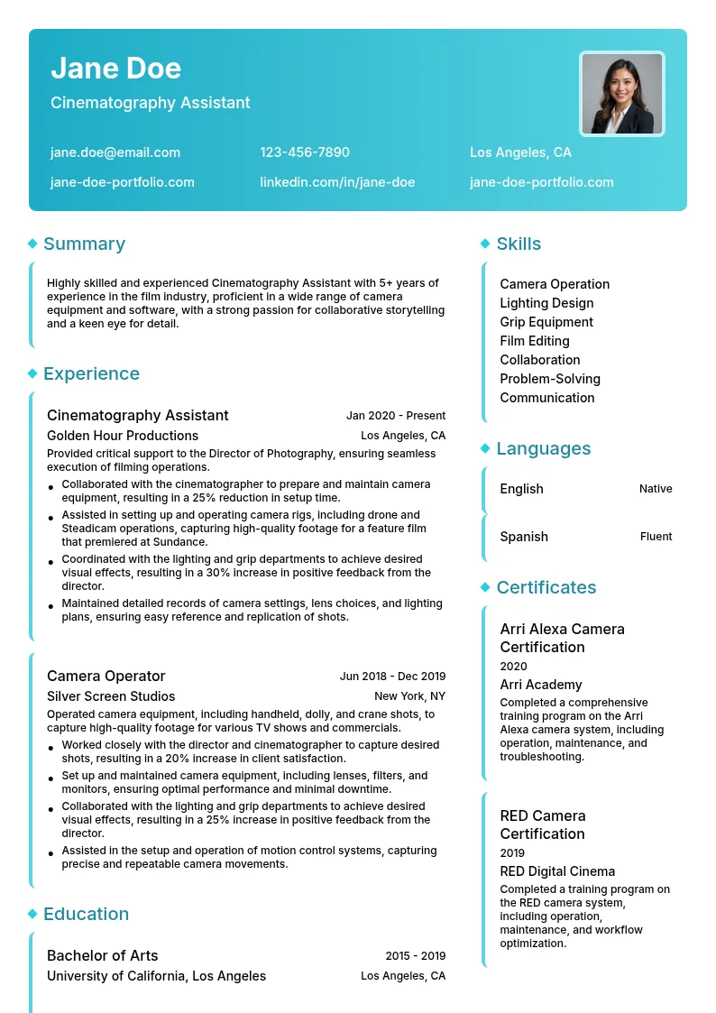 Cinematography Assistant resume example