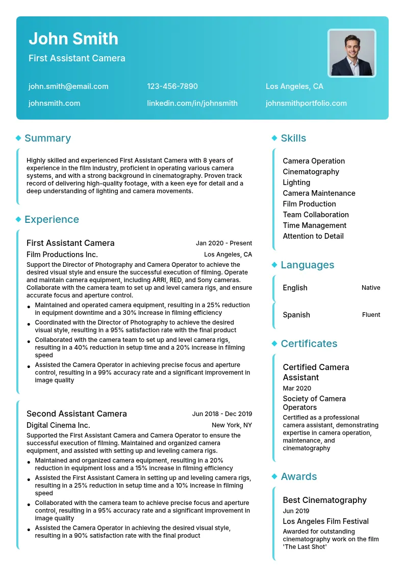 First Assistant Camera resume example