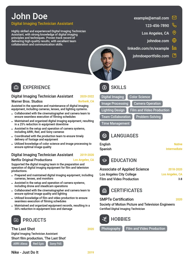 Digital Imaging Technician Assistant resume example