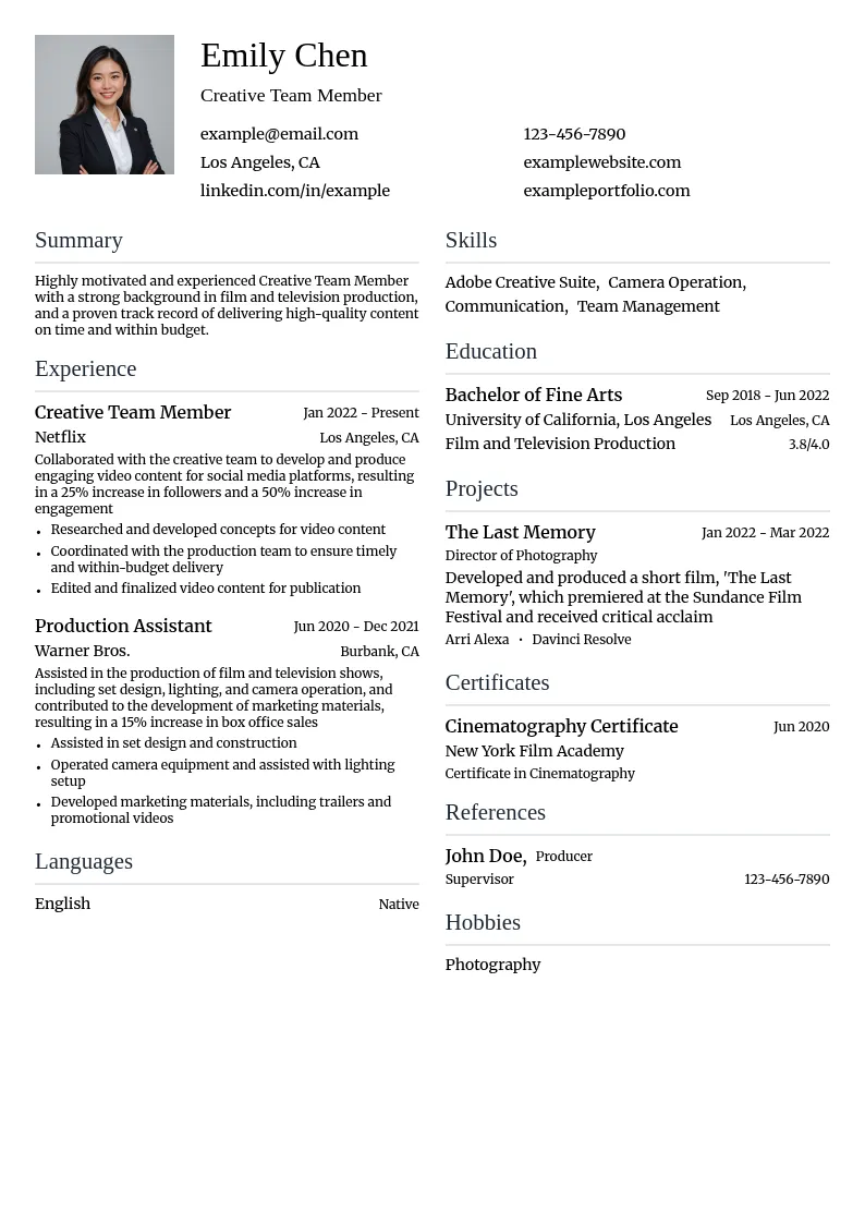 Creative Team Member resume example