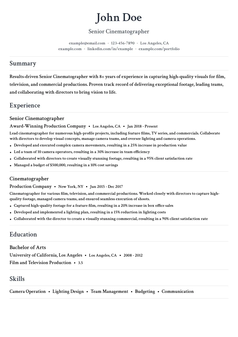 Senior Cinematographer resume example