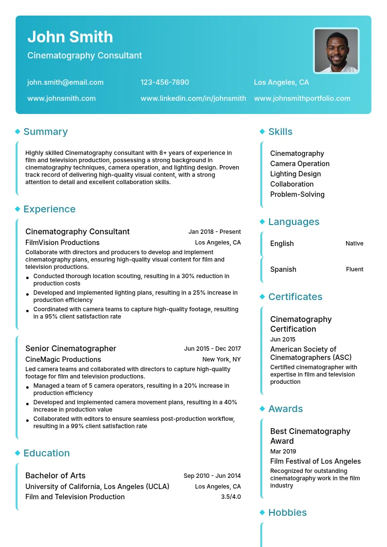 Cinematography consultant resume example