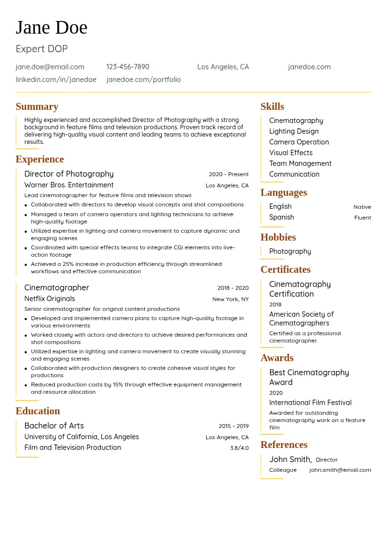 Expert DOP resume example