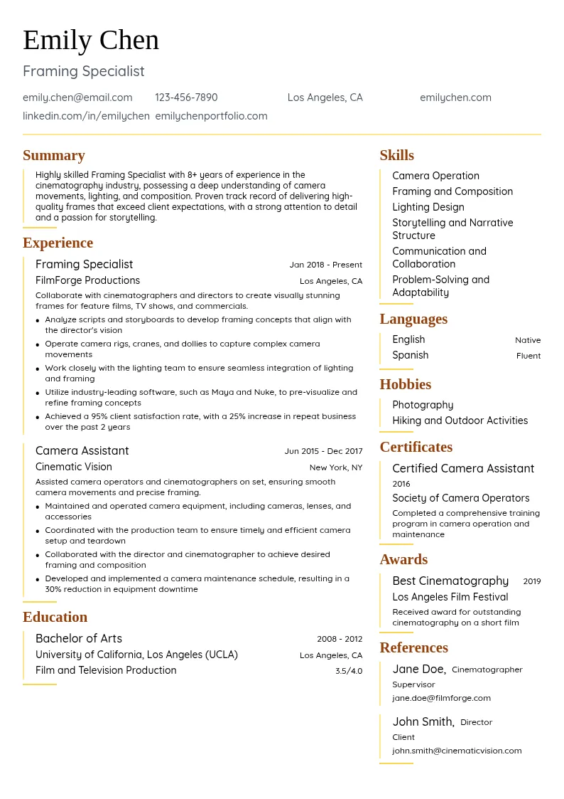 Framing Specialist resume example